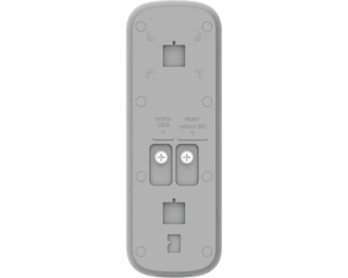 Rückseite eines elektronischen Geräts mit Markierungen für Micro-USB, Reset und Micro-SD sowie zwei Kreuzschlitzschrauben.