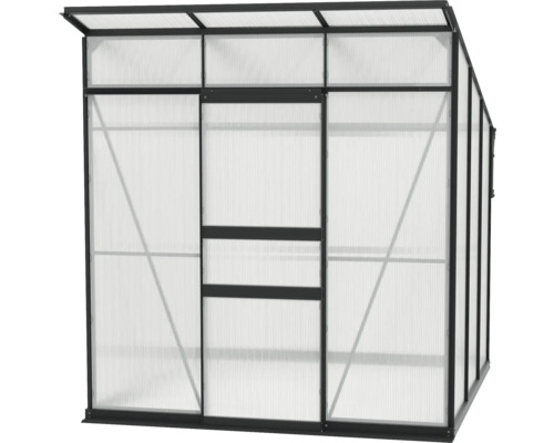 Gewächshaus mit Polycarbonatplatten und Rahmenkonstruktion.
