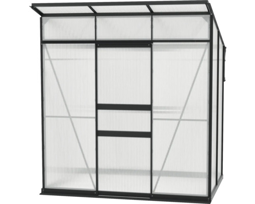 Gewächshaus mit transparenten Wänden und dunklem Rahmen