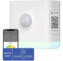 Intelligenter Bewegungsmelder mit Smartphone und Matter Logo