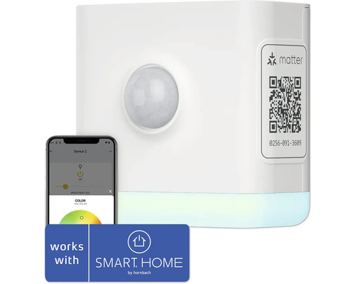 Intelligenter Bewegungsmelder mit Smartphone und Matter Logo