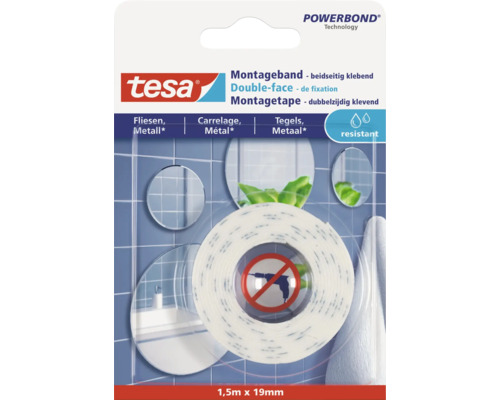 Montageband tesa weiß für Fliesen 1,5 m x 19 mm Tesa Powerbond Montageband für Fliesen und Metall, 1,5 Meter mal 19 Millimeter
