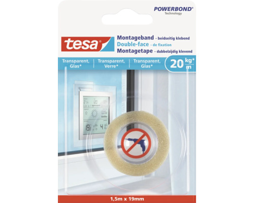Tesa Powerbond Montageband für Glas, 1,5 Meter mal 19 Millimeter