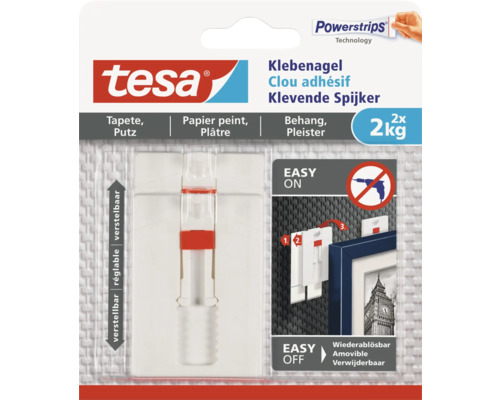 tesa Klebenagel für Tapete & Putz verstellbar weiß 2 kg Belastung 2 Stk. Tesa Klebenagel für Tapeten und Putz, Tragkraft zwei Kilogramm, zwei Stück