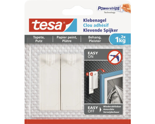 tesa Klebenagel für Tapete & Putz weiß 1 kg Belastung 2 Stk. Tesa Klebenagel für Tapete und Putz, 2 Stück, bis zu 1 Kilogramm Tragkraft