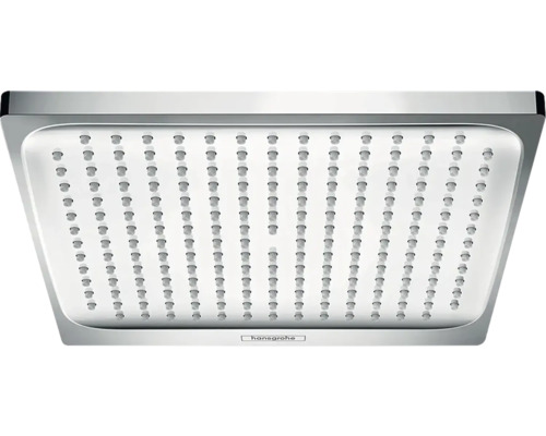 Quadratischer Duschkopf mit mehreren Düsen und Hansgrohe Logo