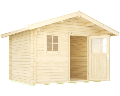 Holzgartenhaus mit Fenster und offener Tür