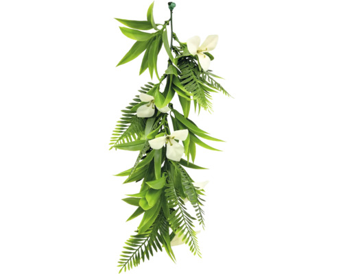 Künstlicher Hängebusch mit Blüten und Farnblättern