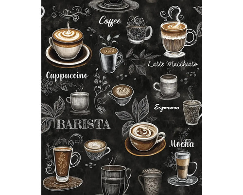 Illustration mit Kaffeetassen und Kaffeesorten auf dunklem Hintergrund
