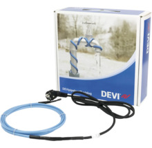 Devi Logo. Devi Rohrheizkabel mit Stecker und Verpackung.