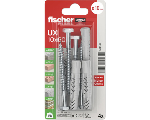 Fischer Universaldübel UX 10x60 mit Schrauben, 4 Stück