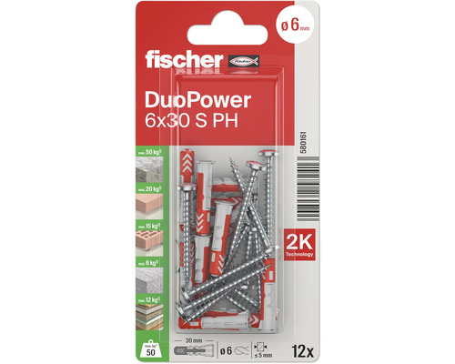 Fischer Dübel DuoPower 6x30 S PH, 12 Stück