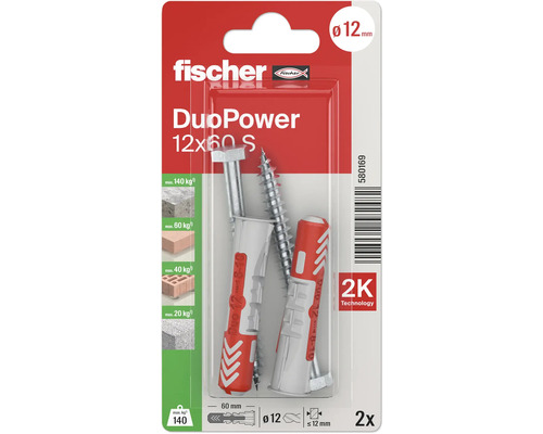 Fischer Dübel DuoPower 12x60 S, zwei Stück, in Verpackung