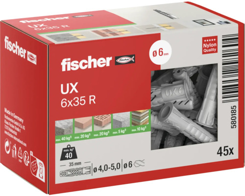 Fischer UX 6x35 R Universaldübel, 45 Stück, Produktverpackung