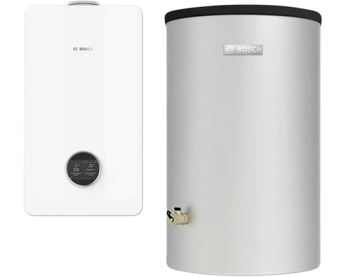 Bosch Logo neben einem Warmwasserspeicher und einem Durchlauferhitzer.