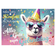 Illustration einer Geburtstagskarte mit Lama, Partyhut und Konfetti