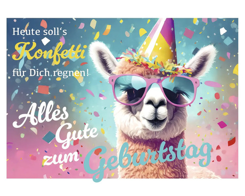 Illustration einer Geburtstagskarte mit Lama, Partyhut und Konfetti