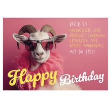 Geburtstagskarte mit einer Ziege mit Sonnenbrille und der Aufschrift Happy Birthday