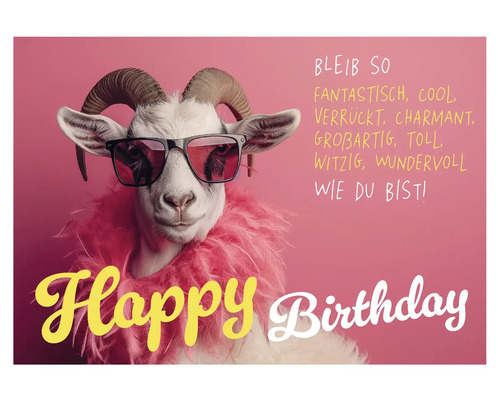 Geburtstagskarte mit einer Ziege mit Sonnenbrille und der Aufschrift Happy Birthday