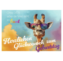 Grußkarte mit einer Giraffe, die eine Sonnenbrille trägt und dem Text Herzlichen Glückwunsch zum Geburtstag