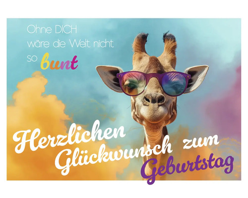 Grußkarte mit einer Giraffe, die eine Sonnenbrille trägt und dem Text Herzlichen Glückwunsch zum Geburtstag