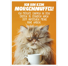 Dekoratives Poster mit dem Spruch Ich bin kein Morgenmuffel und einer mürrischen Katze mit Kaffeetasse
