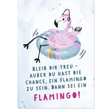 Illustration einer Grußkarte mit einem Flamingo auf einem Schwimmring, der Kopfhörer trägt und Musik hört