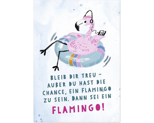 Illustration einer Grußkarte mit einem Flamingo auf einem Schwimmring, der Kopfhörer trägt und Musik hört