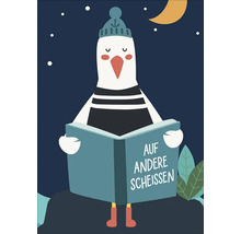 Illustration einer Möwe mit Mütze, die ein Buch mit dem Titel 'Auf andere scheissen' liest