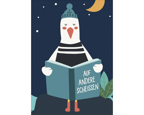 Illustration einer Möwe mit Mütze, die ein Buch mit dem Titel 'Auf andere scheissen' liest