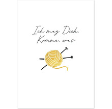 Illustration mit Wollknäuel, Stricknadeln und dem Schriftzug Ich mag Dich. Komme, was.