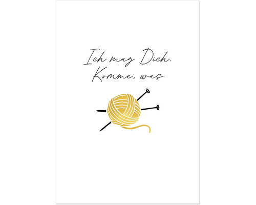 Illustration mit Wollknäuel, Stricknadeln und dem Schriftzug Ich mag Dich. Komme, was.