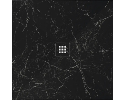 Schwarze Duschwanne mit Marmoroptik und quadratischem Ablauf