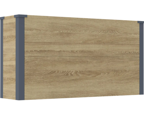 Rechteckiges Hochbeet aus Holzoptik Paneelen mit grauen Eckpfosten.