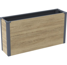 Rechteckiges Hochbeet aus Holzoptik Elementen mit Metallrahmen für den Garten oder die Terrasse.