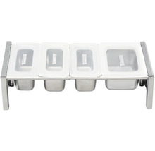 Edelstahl-Speisenwärmer mit vier Behältern und transparenten Deckeln