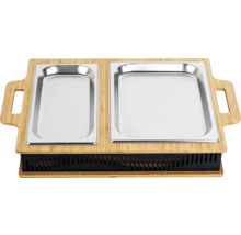 Rechaud mit zwei Edelstahlschalen und Bambusgestell