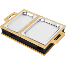 Speisenwärmer mit zwei Behältern aus Edelstahl und Bambusrahmen