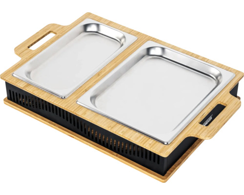Speisenwärmer mit zwei Behältern aus Edelstahl und Bambusrahmen