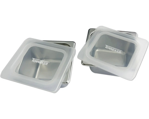 Zwei Edelstahlbehälter mit durchsichtigem Deckel und Tenneker Logo