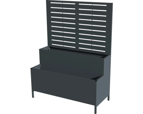 Dunkelgrauer Pflanzkasten mit Rankgitter für den Garten