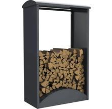Brennholzregal aus Metall mit Holzscheiten