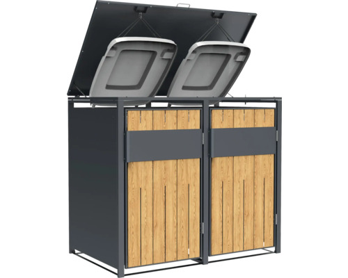 Doppel Mülltonnenbox mit Holzverkleidung und Deckel geöffnet