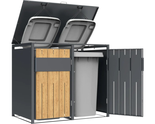 Mülltonnenbox für zwei Mülltonnen mit Holzverkleidung und aufklappbarem Deckel