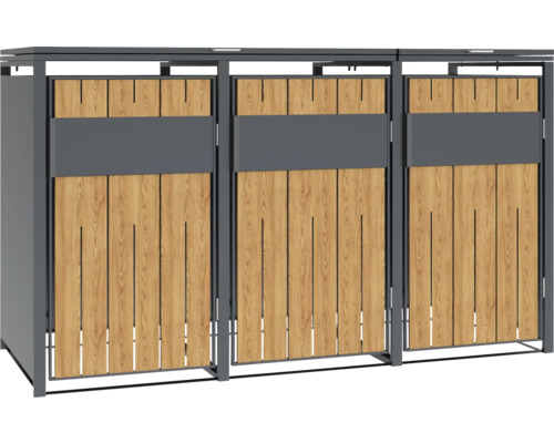 Mülltonnenbox mit drei Fächern aus Metall und Holz