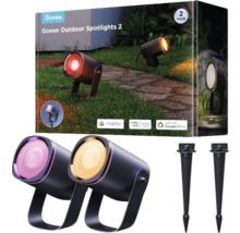 Govee Logo. Verpackung mit zwei Govee Outdoor Strahlern 2 mit Erdspießen.