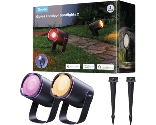 Govee Logo. Verpackung mit zwei Govee Outdoor Strahlern 2 mit Erdspießen.