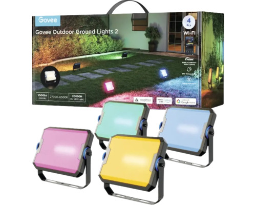Govee Logo. Set aus vier Outdoor-Bodenleuchten mit WiFi-Funktion.