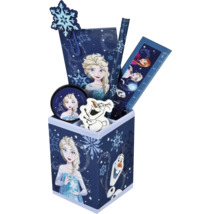 Schreibtischset mit Frozen Motiven, bestehend aus Stifthalter, Notizblock, Bleistift, Lineal, Radiergummi und Büroklammer