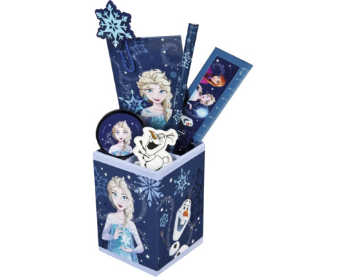 Schreibtischset mit Frozen Motiven, bestehend aus Stifthalter, Notizblock, Bleistift, Lineal, Radiergummi und Büroklammer